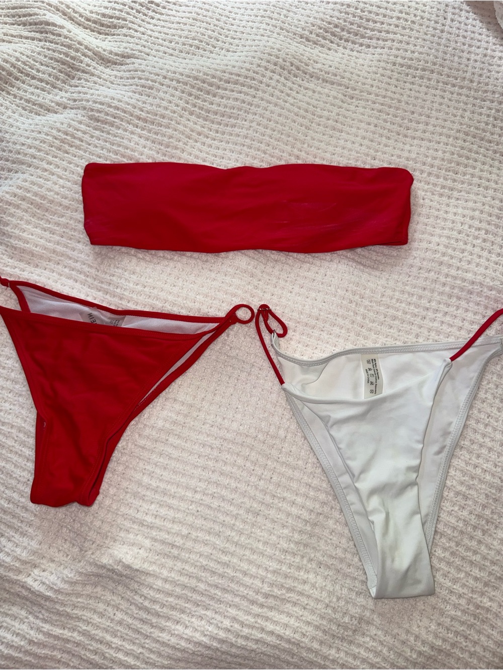 SHEIN Red Bandeau Bikini Set with White Lined Bottoms